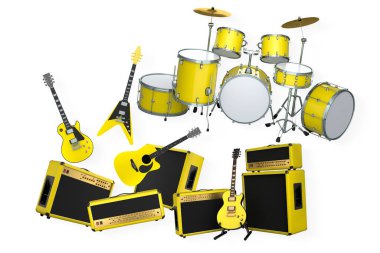 Elektrikli akustik gitarlar ve beyaz arka planda metal zilleri olan davullar. Rock festivali posteri için üç boyutlu müzik enstrümanı, davul makinesi ve bateri prodüksiyonu.
