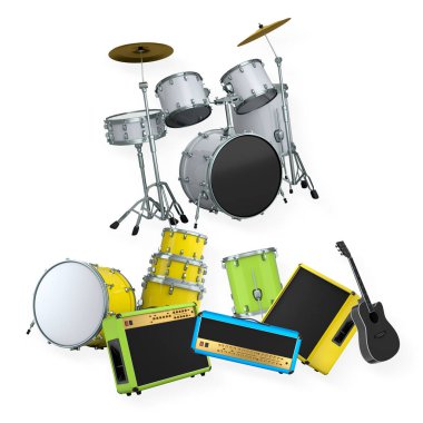 Elektrikli akustik gitarlar ve beyaz arka planda metal zilleri olan davullar. Rock festivali posteri için üç boyutlu müzik enstrümanı, davul makinesi ve bateri prodüksiyonu.