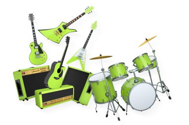 Elektrikli akustik gitarlar ve beyaz arka planda metal zilleri olan davullar. Rock festivali posteri için üç boyutlu müzik enstrümanı, davul makinesi ve bateri prodüksiyonu.