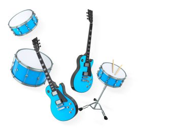Elektrikli akustik gitarlar ve beyaz arka planda metal zilleri olan davullar. Rock festivali posteri için üç boyutlu müzik enstrümanı, davul makinesi ve bateri prodüksiyonu.