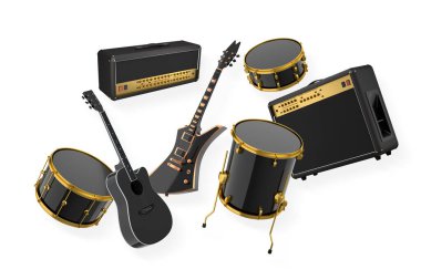 Elektrikli akustik gitarlar ve beyaz arka planda metal zilleri olan davullar. Rock festivali posteri için üç boyutlu müzik enstrümanı, davul makinesi ve bateri prodüksiyonu.