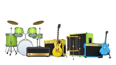 Elektrikli akustik gitarlar ve beyaz arka planda metal zilleri olan davullar. Rock festivali posteri için üç boyutlu müzik enstrümanı, davul makinesi ve bateri prodüksiyonu.