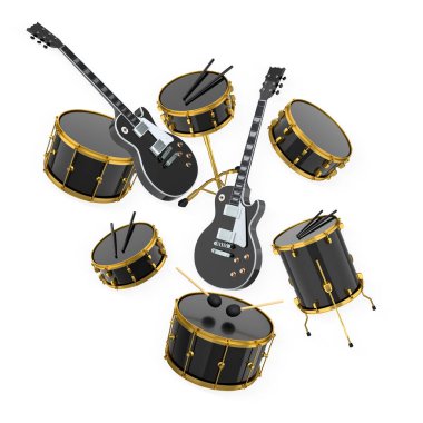 Modern bir müzik konsepti sahnesini temsil eden çeşitli elektro gitarlar ve davullar beyaz arka planda izole edilmiş..