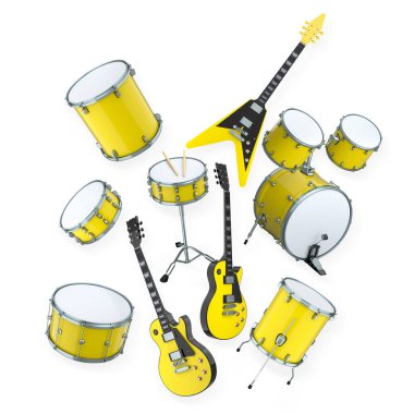 Modern bir müzik konsepti sahnesini temsil eden çeşitli elektro gitarlar ve davullar beyaz arka planda izole edilmiş..