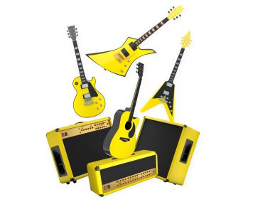 Beyaz arka planda modern tarzda izole edilmiş elektro gitarlar ve amplifikatörler. Müzik aletleri ve rock kültürü kavramı