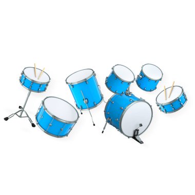 Bateri bateri seti, beyaz arka planda izole edilmiş çoklu davul ve sopalarla. Müzik performans araçları kavramı.