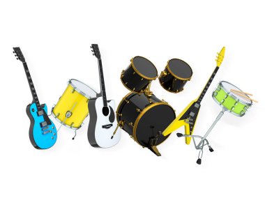 Elektrikli akustik gitarlar ve beyaz arka planda metal zilleri olan davullar. Rock festivali posteri için üç boyutlu müzik enstrümanı, davul makinesi ve bateri prodüksiyonu.