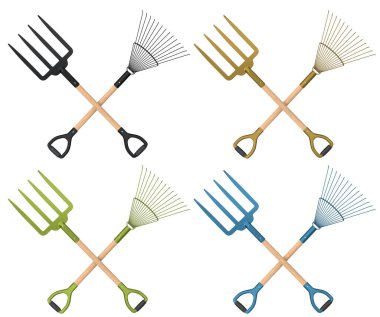 Çapraz kürek ve yaba çiftleri siyah, altın, yeşil ve mavi, ahşap sapları beyaz arka planda izole, bahçe araçlarını sembolize