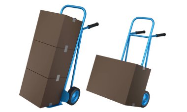 Havaalanı bagaj seti ya da bagaj vagonu yanında bir yığın karton kutu ya da beyaz arka planda karton kutu. Havaalanı veya depo servisinin 3d oluşturma ögesi