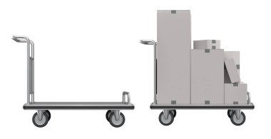 Havaalanı bagaj seti ya da bagaj vagonu yanında bir yığın karton kutu ya da beyaz arka planda karton kutu. Havaalanı veya depo servisinin 3d oluşturma ögesi