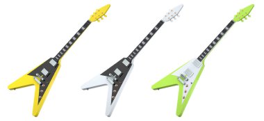 Beyaz şeffaf arkaplanda izole edilmiş elektro akustik gitar seti. Müzik dükkanı için heavy metal gitarlı 3D rock festivali posteri.