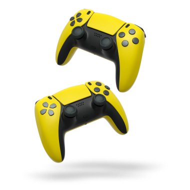 Havada uçan kablosuz oyun kontrolörleri kırpma yolu ile beyaz arka planda izole edilmiş, oyun teknolojisi konseptini sembolize ediyor.