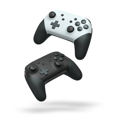 Havada uçan kablosuz oyun kontrolörleri kırpma yolu ile beyaz arka planda izole edilmiş, oyun teknolojisi konseptini sembolize ediyor.