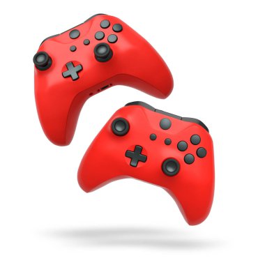 Havada uçan kablosuz oyun kontrolörleri kırpma yolu ile beyaz arka planda izole edilmiş, oyun teknolojisi konseptini sembolize ediyor.