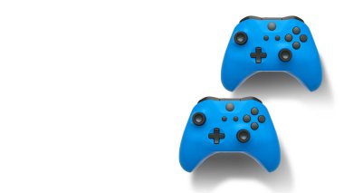 Havada uçan kablosuz oyun kontrolörleri kırpma yolu ile beyaz arka planda izole edilmiş, oyun teknolojisi konseptini sembolize ediyor.