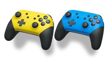 Havada uçan kablosuz oyun kontrolörleri kırpma yolu ile beyaz arka planda izole edilmiş, oyun teknolojisi konseptini sembolize ediyor.