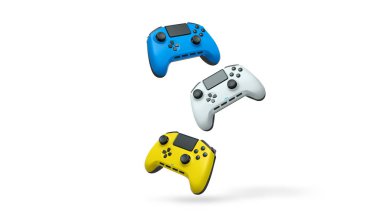 Havada uçan kablosuz oyun kontrolörleri kırpma yolu ile beyaz arka planda izole edilmiş, oyun teknolojisi konseptini sembolize ediyor.