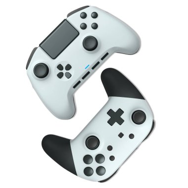 Havada uçan kablosuz oyun kontrolörleri kırpma yolu ile beyaz arka planda izole edilmiş, oyun teknolojisi konseptini sembolize ediyor.