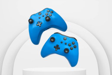 Renkli oyun kontrolörleri, podyum üzerinde yükselen joystick soyut arka plan, minimalist kavram aygıtı.