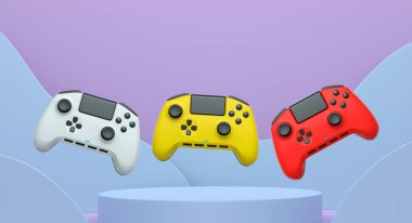 Renkli oyun kontrolörleri, podyum üzerinde yükselen joystick soyut arka plan, minimalist kavram aygıtı.