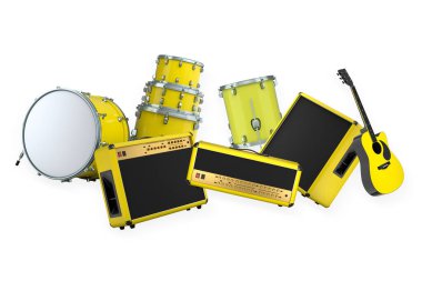 Elektrikli akustik gitarlar ve beyaz arka planda metal zilleri olan davullar. Rock festivali posteri için üç boyutlu müzik enstrümanı, davul makinesi ve bateri prodüksiyonu.