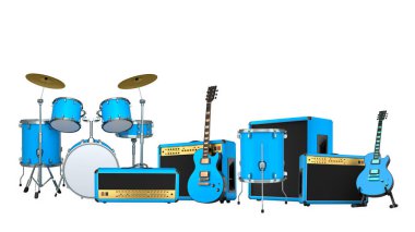 Elektrikli akustik gitarlar ve beyaz arka planda metal zilleri olan davullar. Rock festivali posteri için üç boyutlu müzik enstrümanı, davul makinesi ve bateri prodüksiyonu.