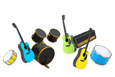 Elektrikli akustik gitarlar ve beyaz arka planda metal zilleri olan davullar. Rock festivali posteri için üç boyutlu müzik enstrümanı, davul makinesi ve bateri prodüksiyonu.