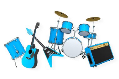 Elektrikli akustik gitarlar ve beyaz arka planda metal zilleri olan davullar. Rock festivali posteri için üç boyutlu müzik enstrümanı, davul makinesi ve bateri prodüksiyonu.