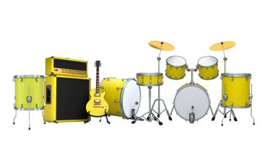 Elektrikli akustik gitarlar ve beyaz arka planda metal zilleri olan davullar. Rock festivali posteri için üç boyutlu müzik enstrümanı, davul makinesi ve bateri prodüksiyonu.