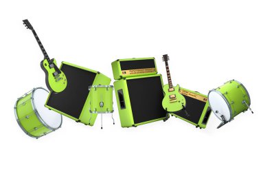 Elektrikli akustik gitarlar ve beyaz arka planda metal zilleri olan davullar. Rock festivali posteri için üç boyutlu müzik enstrümanı, davul makinesi ve bateri prodüksiyonu.