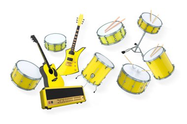 Elektrikli akustik gitarlar ve beyaz arka planda metal zilleri olan davullar. Rock festivali posteri için üç boyutlu müzik enstrümanı, davul makinesi ve bateri prodüksiyonu.