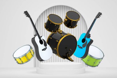 Podyumun üstündeki havada asılı elektro gitarlar, akustik gitar ve davul seti, rengarenk bir arka planda müziği sembolize ediyor.