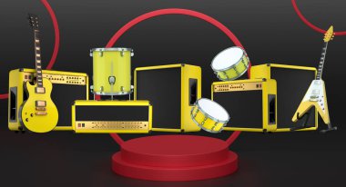 Gitarlar, davullar ve amplifikatörler renkli ve soyut arkaplanlı dairesel bir podyuma yerleştirildi. Modern müzik performans kurulumu kavramı