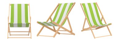 Beyaz arka planda izole edilmiş yaz kaçamakları için çizgili plaj sandalyeleri. Yaz tatili konsepti ve tatillerinin 3 boyutlu canlandırması