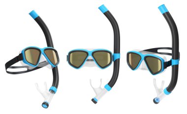 Yaz tatili için dalış maskesi ve şnorkel seti ve beyaz arka planda şnorkelle dalış yaz tatili konsepti ve tatillerin 3 boyutlu canlandırması.