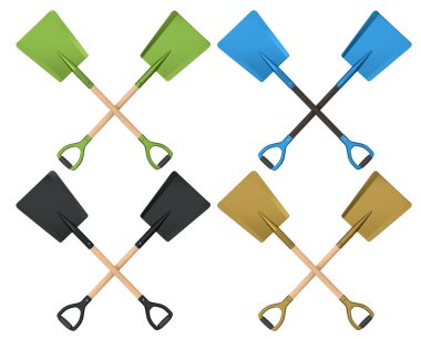 Beyaz arka planda izole edilmiş, bahçe aletlerini sembolize eden, temiz ve minimalist bir şekilde gösterilmiş, D kulplu ve tahta şaftlı bahçe kürekleri.