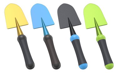 Beyaz arka planda izole edilmiş, bahçe aletlerini sembolize eden, temiz ve minimalist bir şekilde gösterilmiş, D kulplu ve tahta şaftlı bahçe kürekleri.