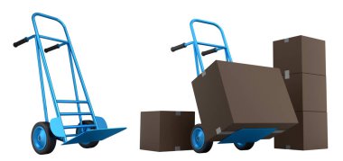 Havaalanı bagaj seti ya da bagaj vagonu yanında bir yığın karton kutu ya da beyaz arka planda karton kutu. Havaalanı veya depo servisinin 3d oluşturma ögesi