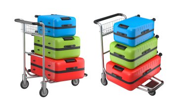 Beyaz arka planda bagajları taşımak için normal polikarbonat valiz seti. 3D seyahat konsepti. Tatil ve bagaj taşımacılığı.