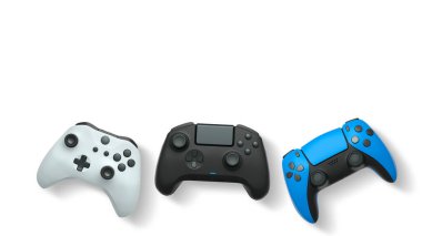 Havada uçan kablosuz oyun kontrolörleri kırpma yolu ile beyaz arka planda izole edilmiş, oyun teknolojisi konseptini sembolize ediyor.