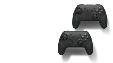 Havada uçan kablosuz oyun kontrolörleri kırpma yolu ile beyaz arka planda izole edilmiş, oyun teknolojisi konseptini sembolize ediyor.