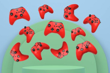 Renkli oyun kontrolörleri, podyum üzerinde yükselen joystick soyut arka plan, minimalist kavram aygıtı.