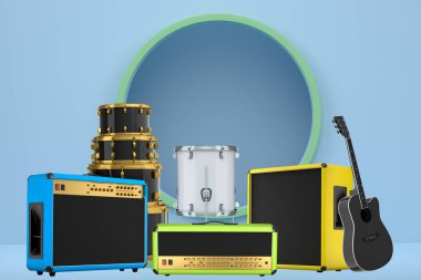 Gitarlar, davullar ve amplifikatörler renkli ve soyut arkaplanlı dairesel bir podyuma yerleştirildi. Modern müzik performans kurulumu kavramı