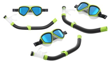 Yaz tatili için dalış maskesi ve şnorkel seti ve beyaz arka planda şnorkelle dalış yaz tatili konsepti ve tatillerin 3 boyutlu canlandırması.