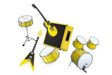 Elektrikli akustik gitarlar ve beyaz arka planda metal zilleri olan davullar. Rock festivali posteri için üç boyutlu müzik enstrümanı, davul makinesi ve bateri prodüksiyonu.