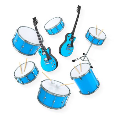 Elektrikli akustik gitarlar ve beyaz arka planda metal zilleri olan davullar. Rock festivali posteri için üç boyutlu müzik enstrümanı, davul makinesi ve bateri prodüksiyonu.