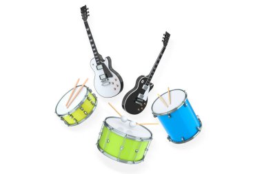Elektrikli akustik gitarlar ve beyaz arka planda metal zilleri olan davullar. Rock festivali posteri için üç boyutlu müzik enstrümanı, davul makinesi ve bateri prodüksiyonu.