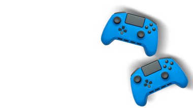 Havada uçan kablosuz oyun kontrolörleri kırpma yolu ile beyaz arka planda izole edilmiş, oyun teknolojisi konseptini sembolize ediyor.