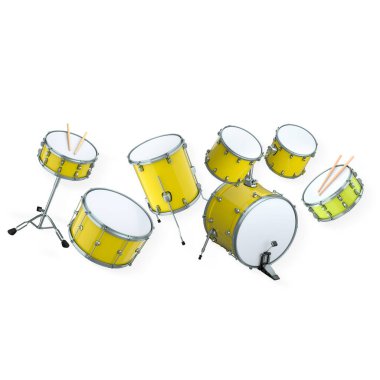 Bateri bateri seti, beyaz arka planda izole edilmiş çoklu davul ve sopalarla. Müzik performans araçları kavramı.