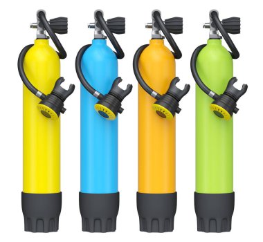 Yaz tatili için oksijen dolu dalış tüpü ve beyaz arka planda şnorkelle dalış yaz tatili konsepti ve tatillerin 3 boyutlu canlandırması.